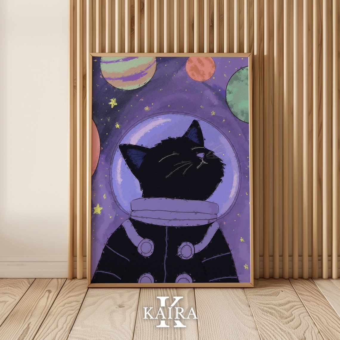 Black Cat Astronaut In Space Helmet Floating Among Planets Poster - Image 2