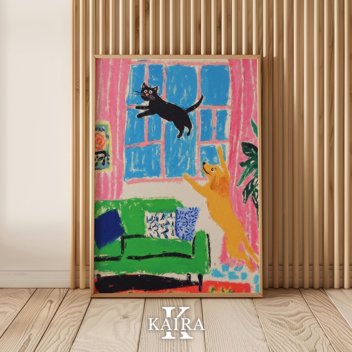 Black Cat and Golden Dog Playing Together in a Living Room Poster