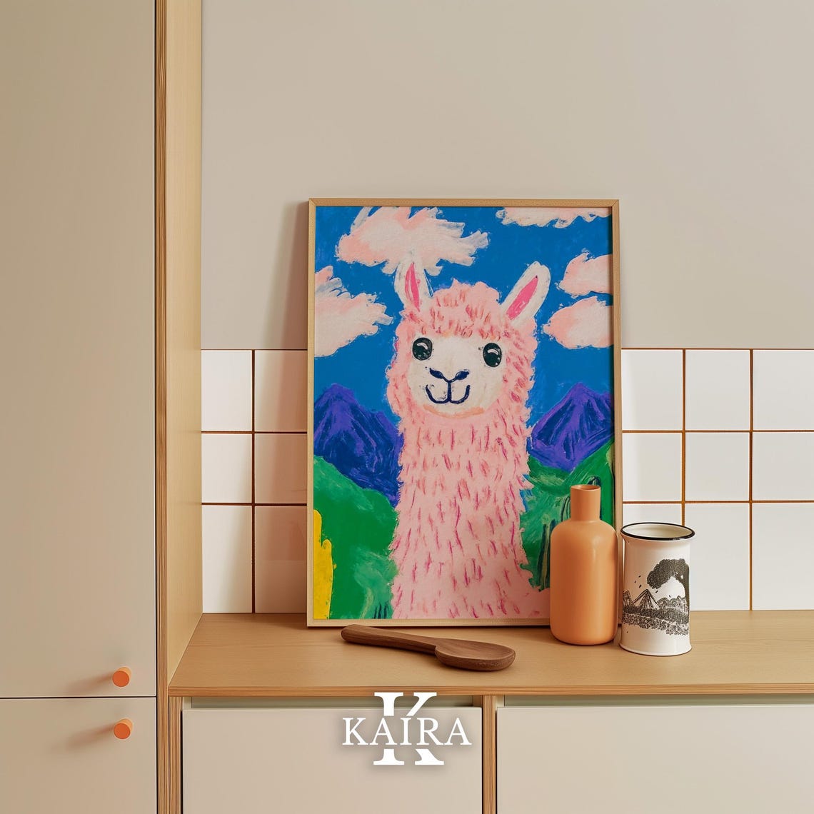 Fluffy Pink Llama Smiling Against Purple Mountains and Clouds Poster - Image 4