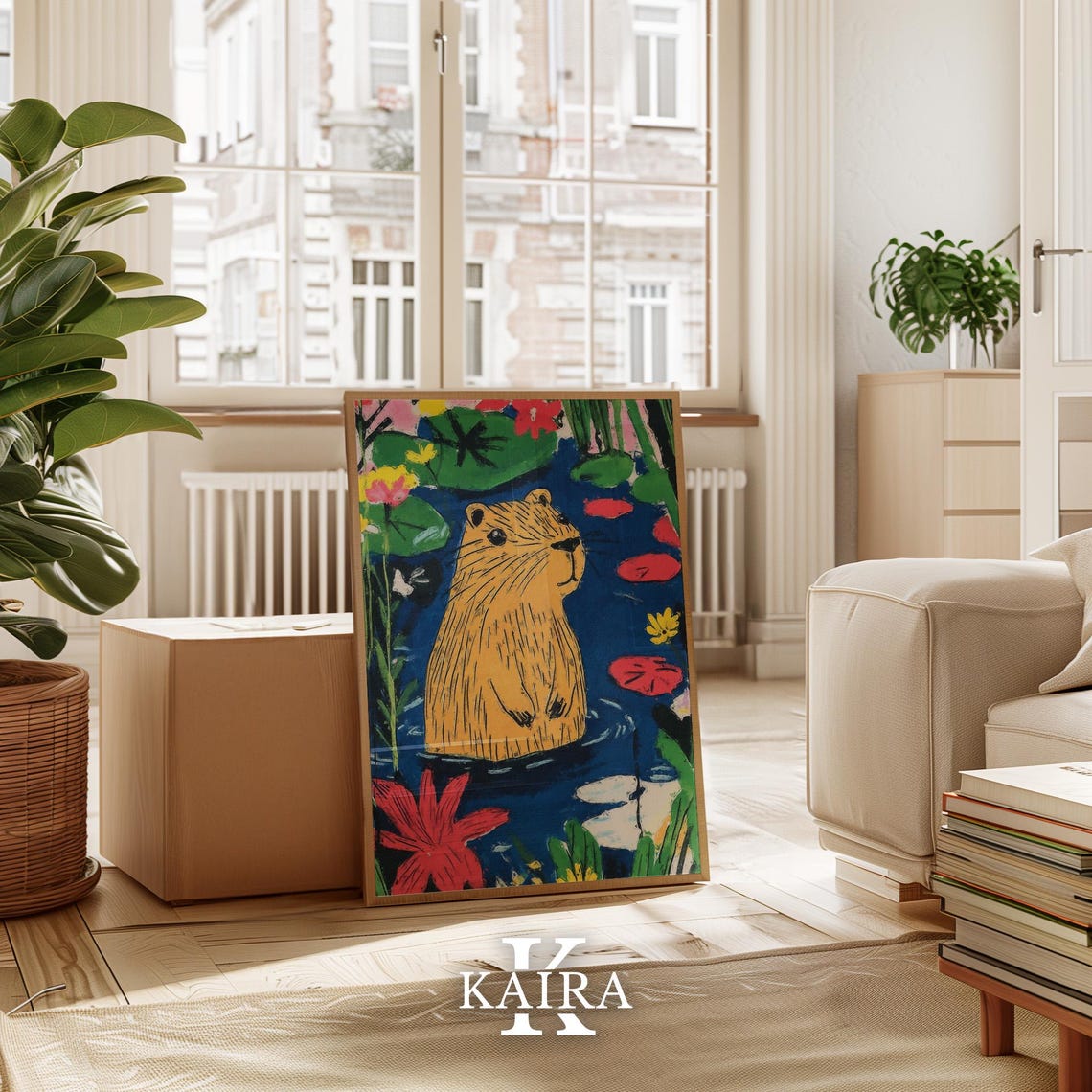 Whimsical Capybara Poster Cute Animal Wall Art Colorful Pond Scene Playful Capybara Illustration Kids Room Decor Nature Themed Nursery - Image 3