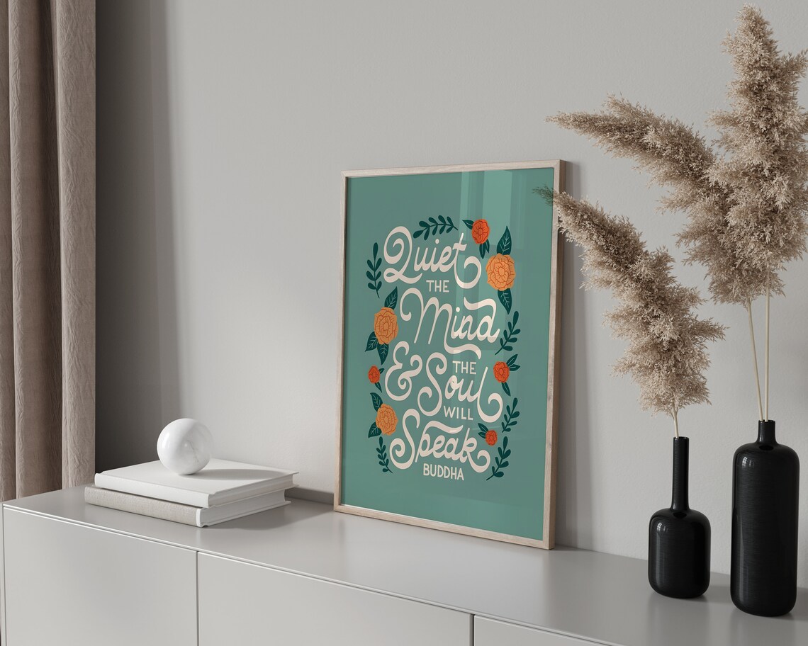 Quiet the Mind and the Soul Will Speak Buddha Green Floral Poster - Image 2