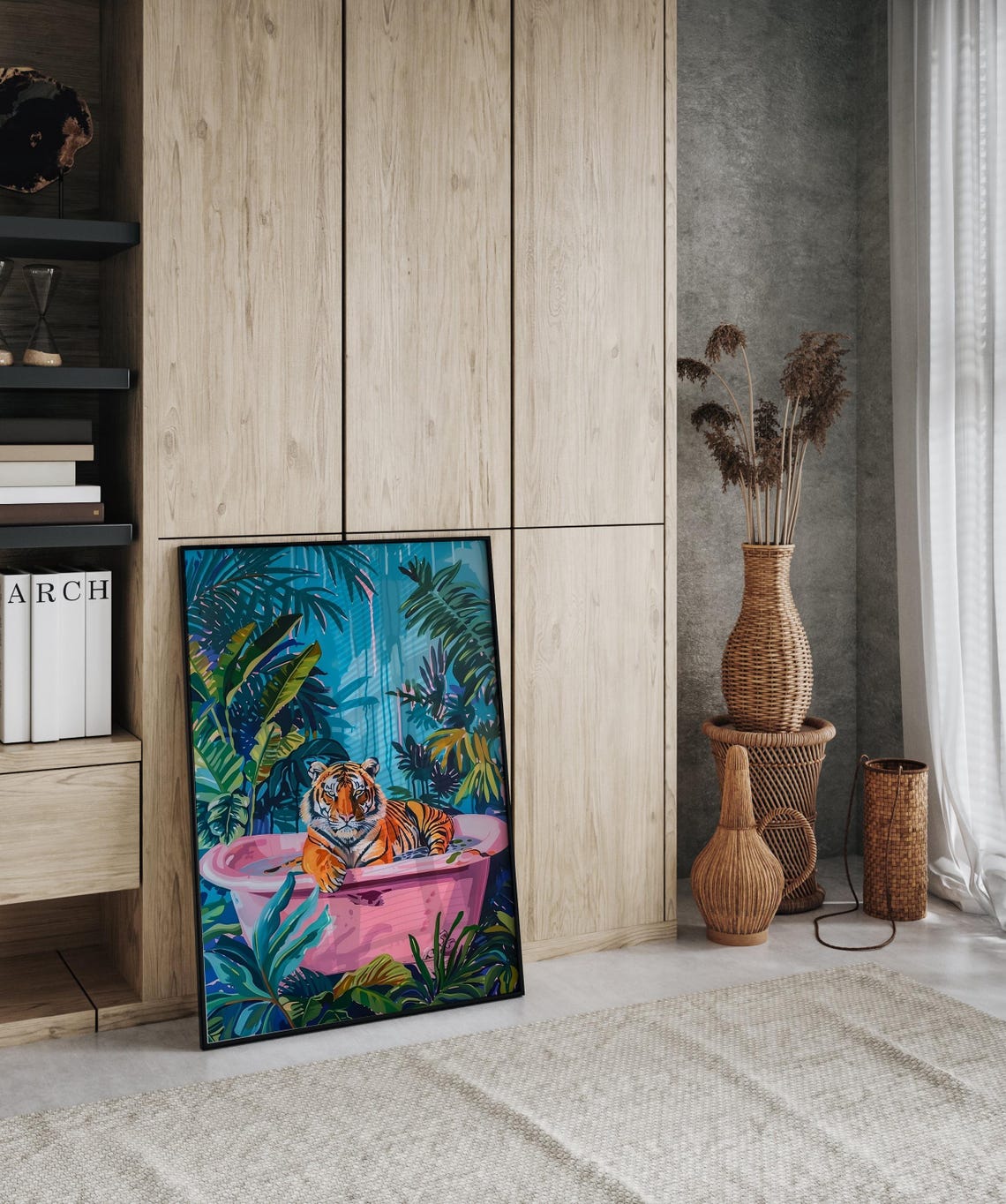 Tiger in Pink Bathtub Tropical Jungle Botanical Maximalist Wall Art - Image 3
