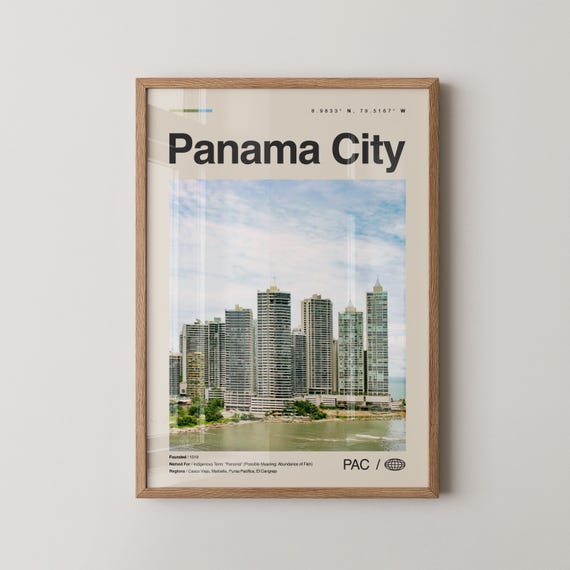 Panama City Waterfront Travel Poster Skyline Photo Gift Coordinates Wall Decor