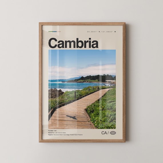 Cambria California Travel Poster Moonstone Beach Wooden Boardwalk Coast