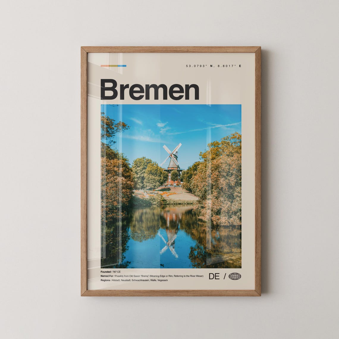Bremen Germany Travel Poster Windmill Lake Reflection Photo Wall Decor