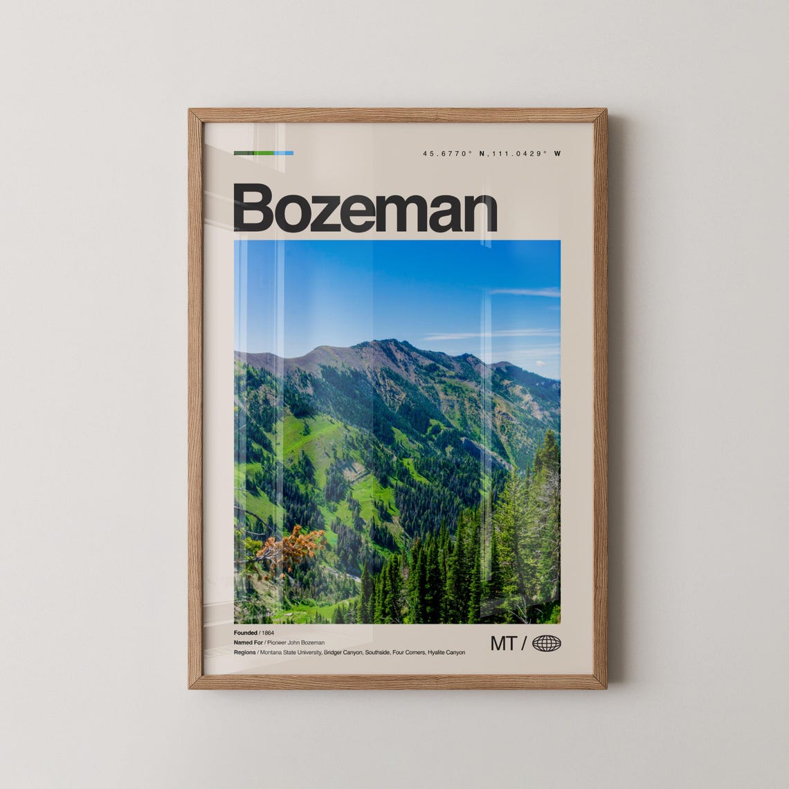 Bozeman Montana Green Mountain Peak Photo Coordinates Travel Poster