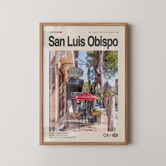San Luis Obispo Sunny Downtown Street Cafe Umbrella Travel Poster