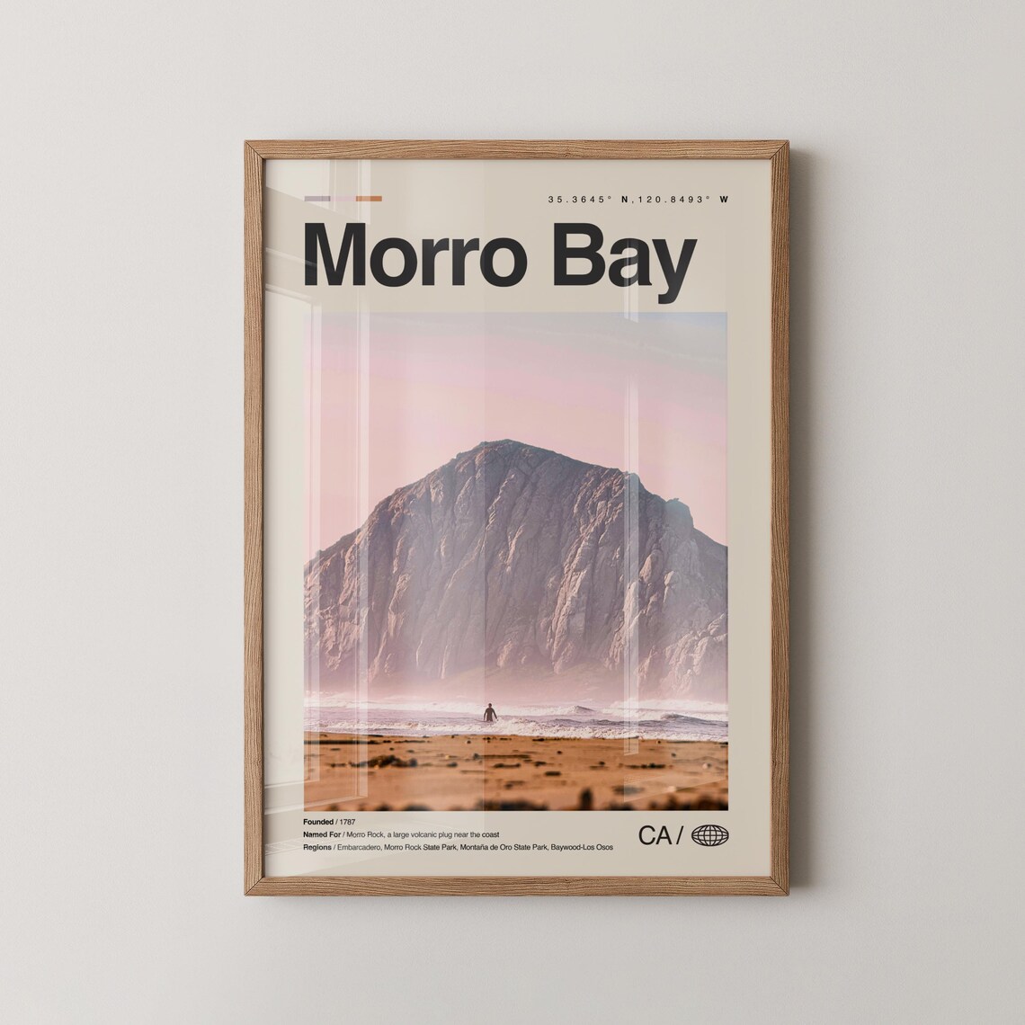 Morro Bay California Morro Rock Surfer Beach Minimalist Travel Poster