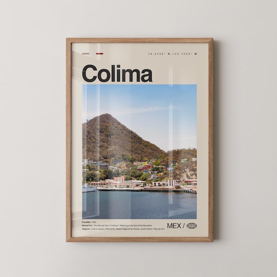 Colima Mexico Travel Poster Volcano Mountain Bay Coastal City Photography