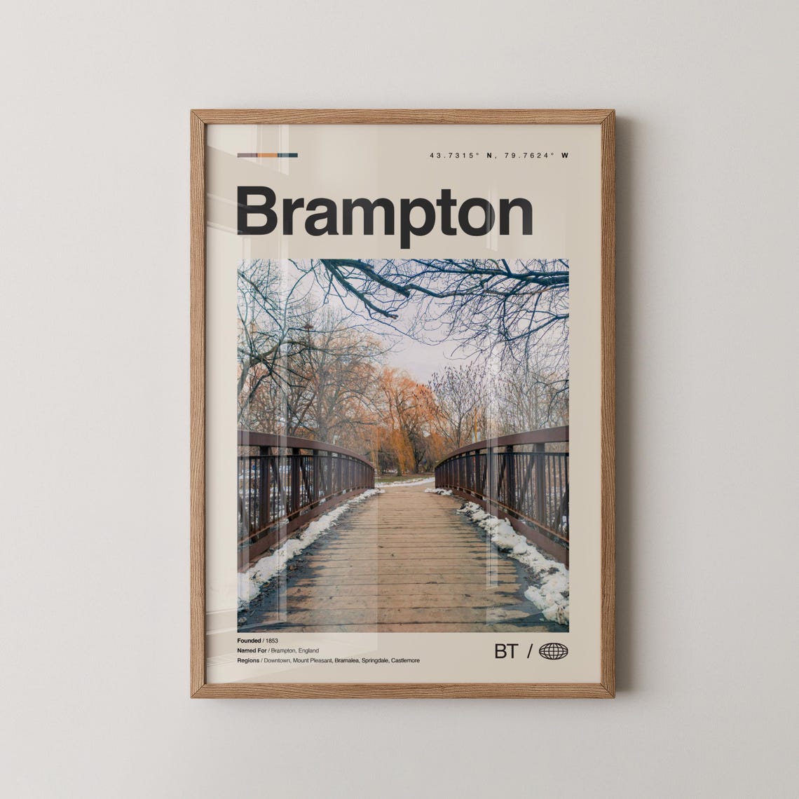 Brampton Ontario Winter Bridge Snow Coordinates Photo Travel Poster