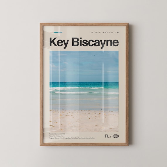 Key Biscayne Florida Travel Poster Beach Waves Vintage Scene