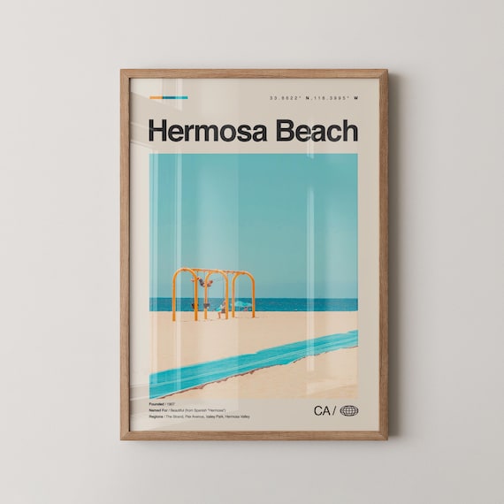 Hermosa Beach California Travel Poster with Beach Pier Playground
