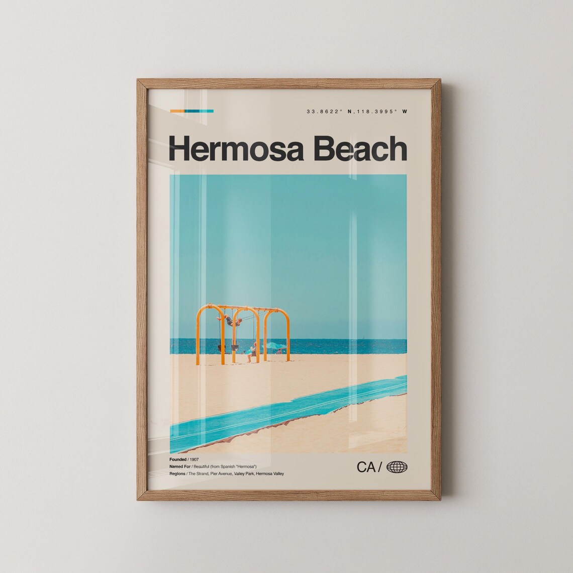 Hermosa Beach California Travel Poster with Beach Pier Playground