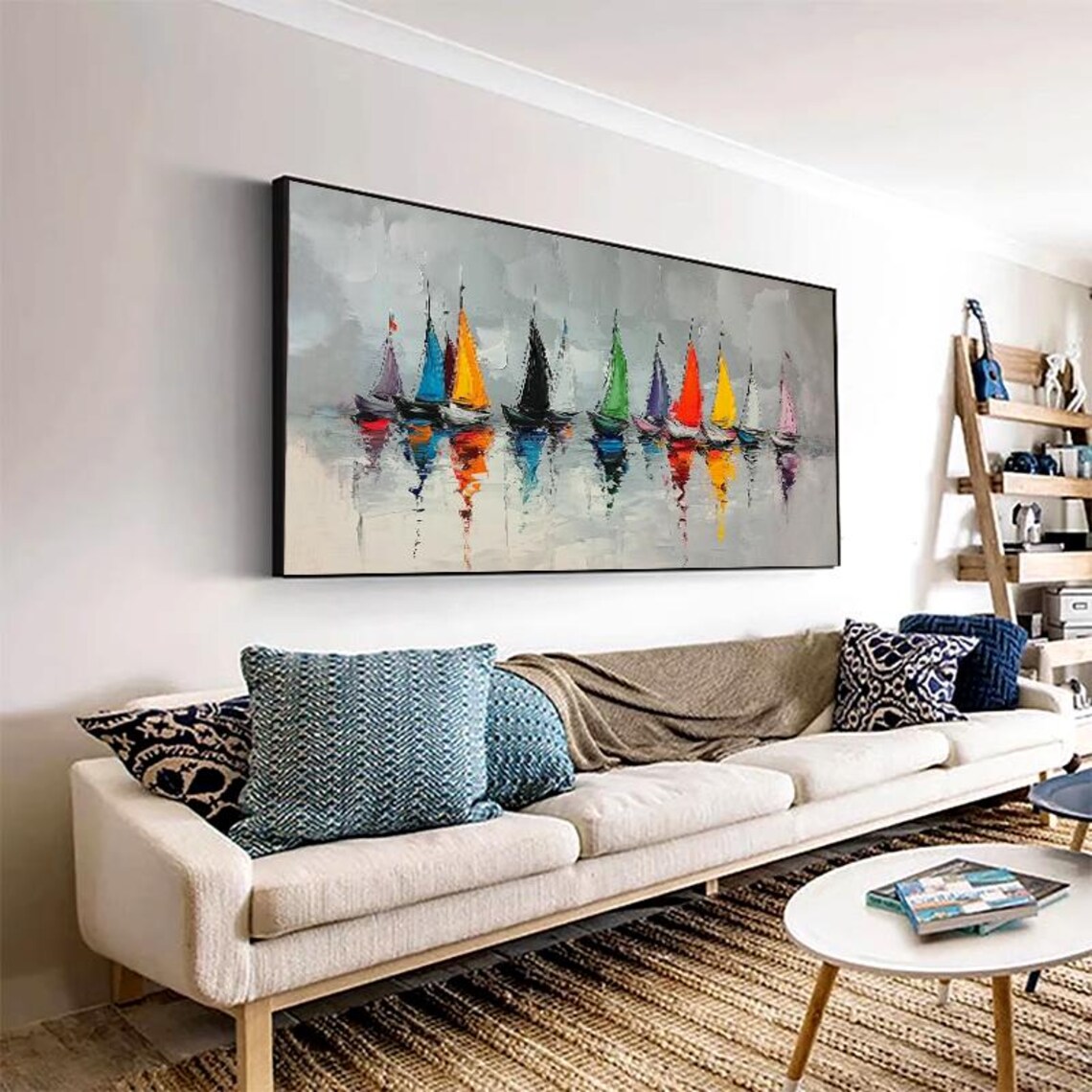 Colorful Rainbow Sailboats on a Calm Grey Sea Nautical Poster - Image 5