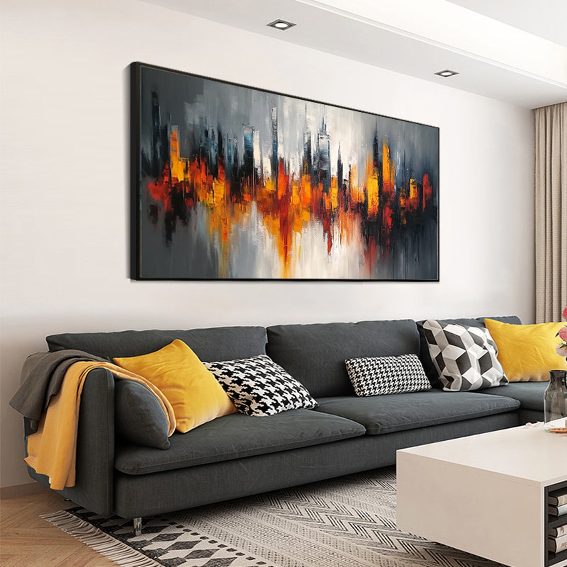 Fiery Glowing Orange City Skyline at Dusk Abstract Art Poster - Image 2
