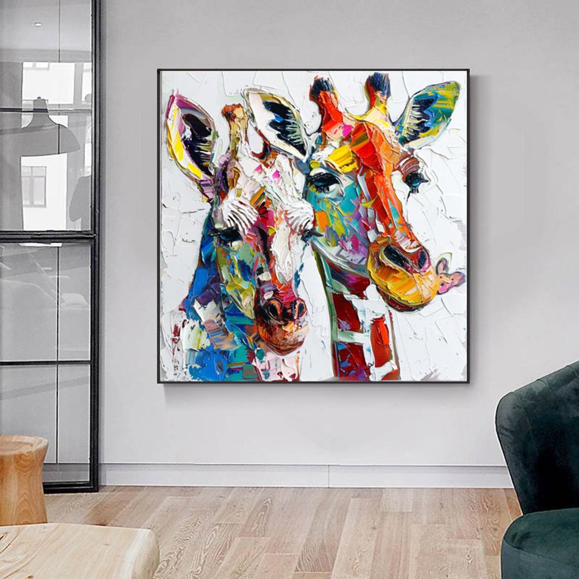 Two Colorful Giraffes Rainbow Palette Knife Animal Painting Poster - Image 4