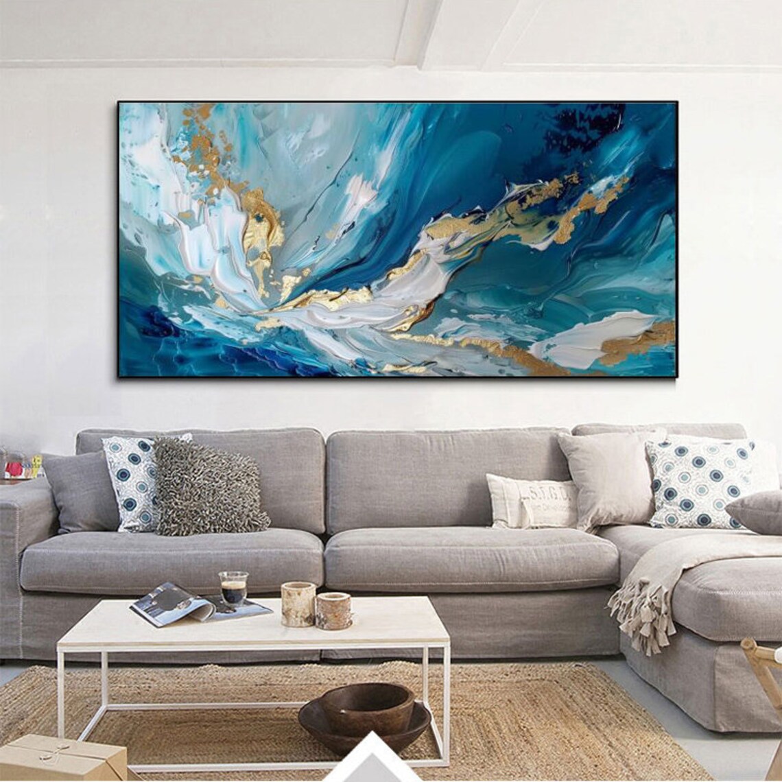 Abstract Blue Oil Painting With Gold Accents Art Print - Image 4