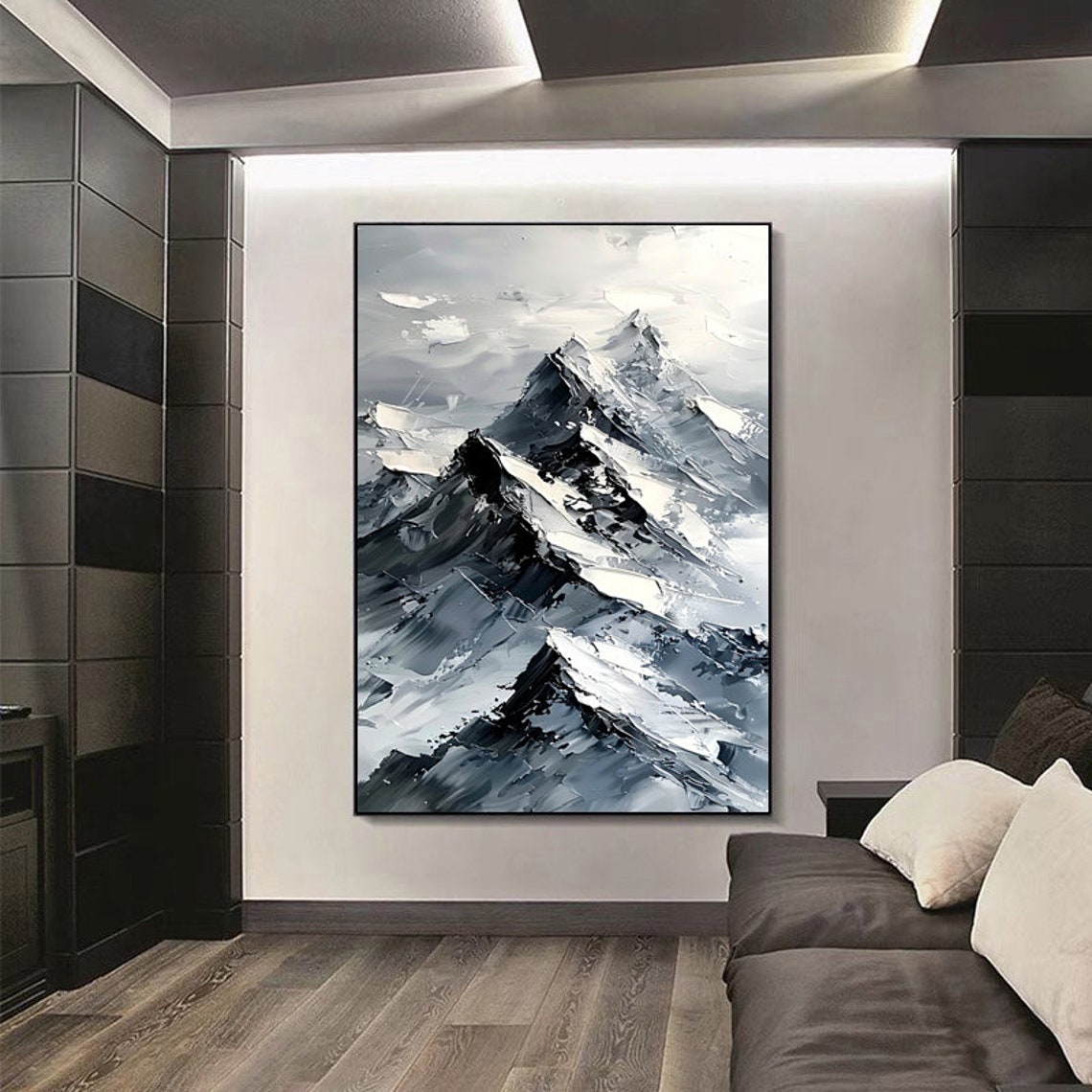 Black And White Snowy Mountain Peak Vertical Painting Poster - Image 2
