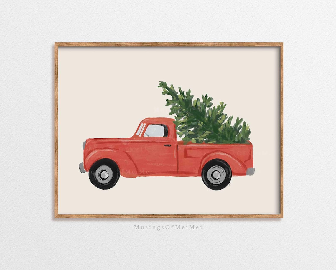 Christmas Red Truck Rustic Farmhouse Holiday Art
