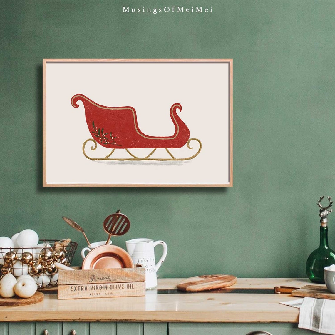 Vintage Red Christmas Sleigh Illustration Cream Holiday Poster - Image 4