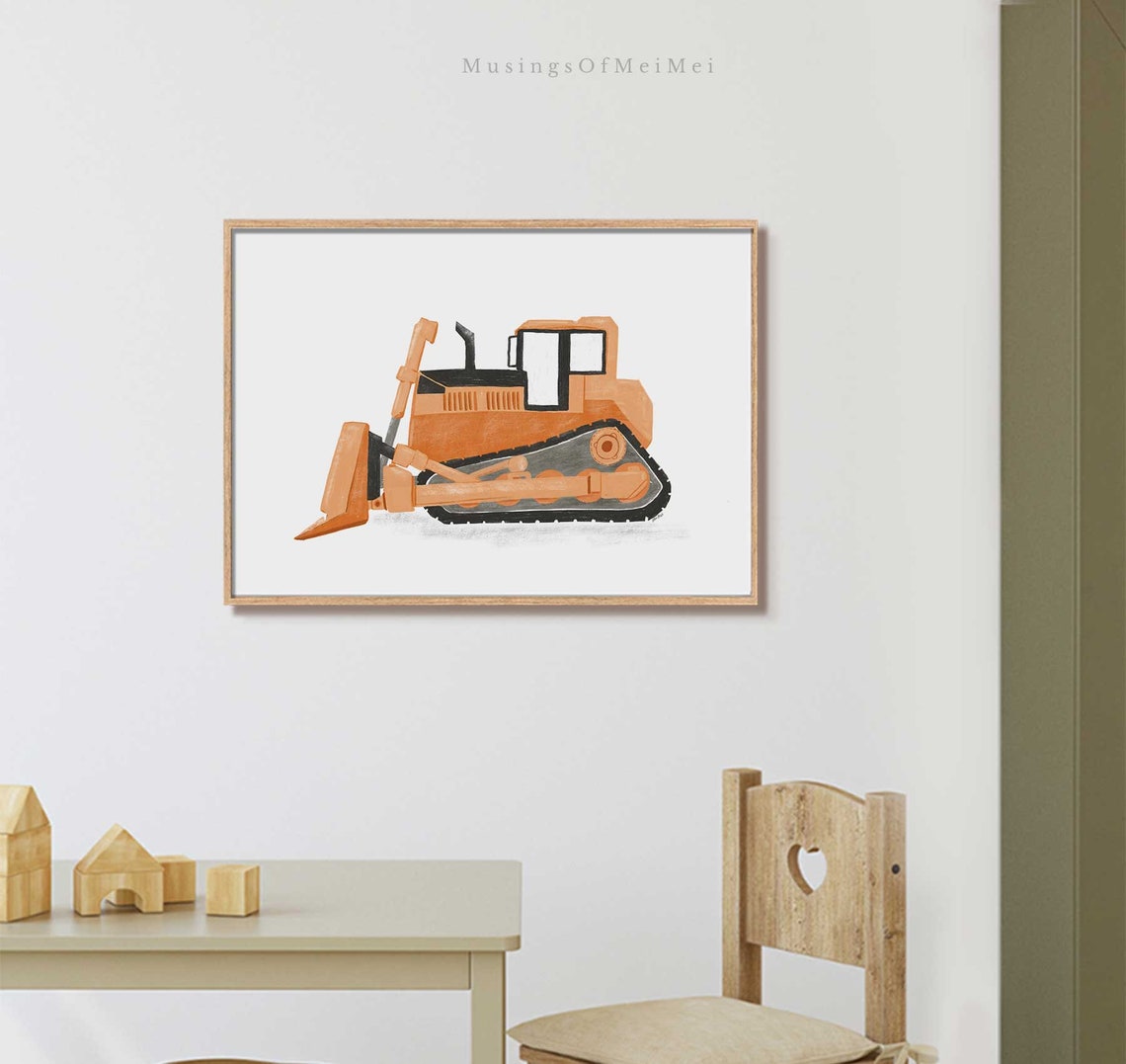 Orange Bulldozer Watercolor Nursery Kids Room Construction Art Print