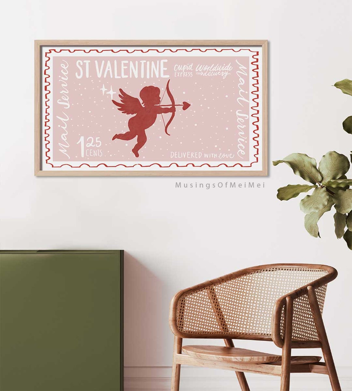 St Valentine Cupid Worldwide Express Mail Pink Stamp Vintage Poster - Image 2