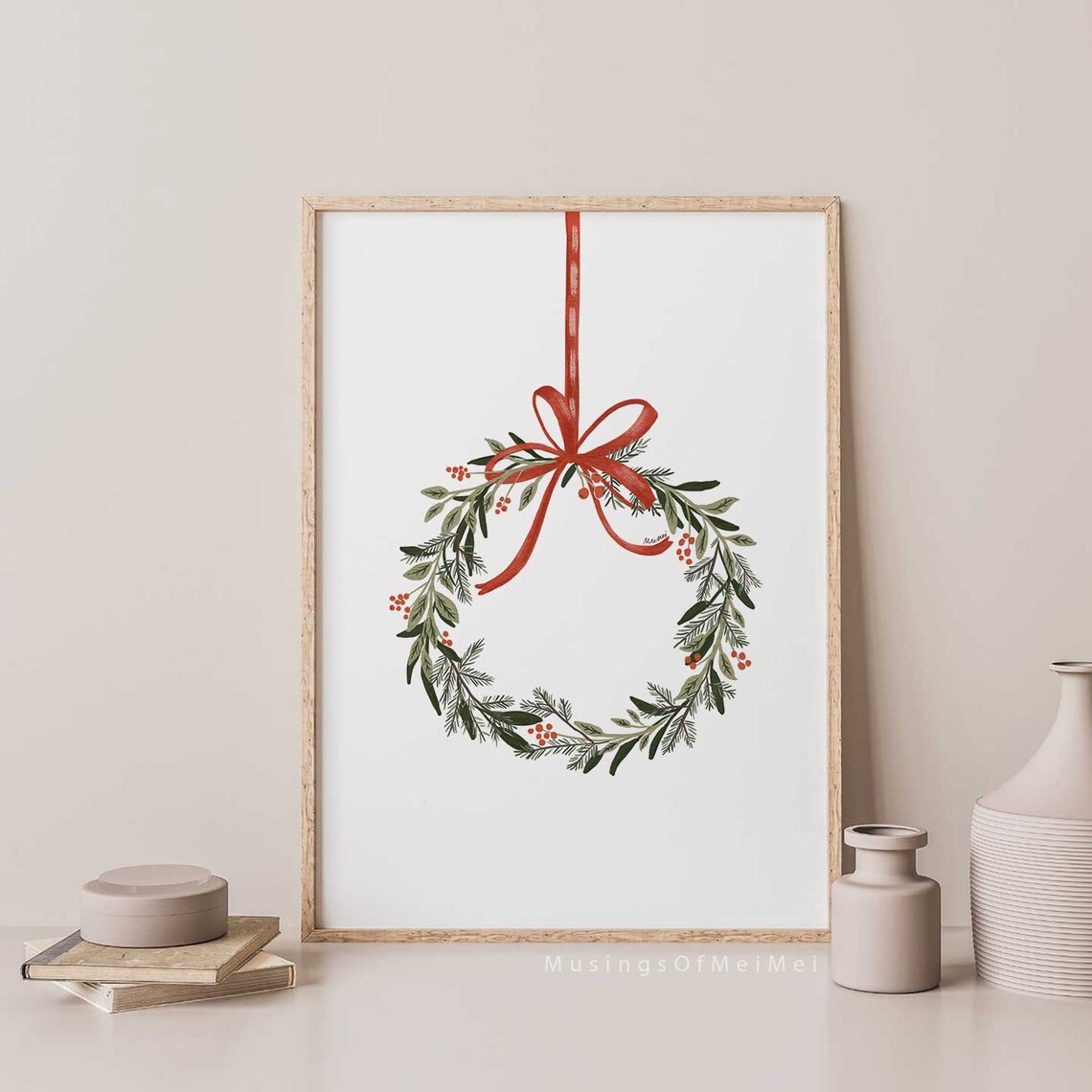 Minimalist Christmas Wreath Art Print, Farmhouse Winter
