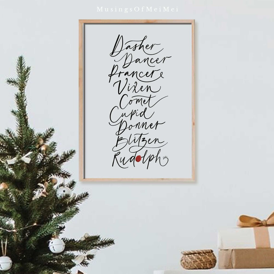 Santa Reindeer Names Black Calligraphy White Christmas Poster - Image 2