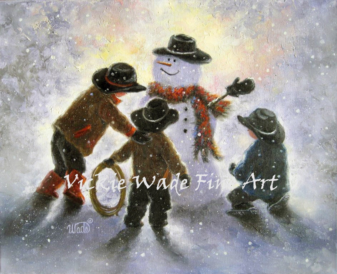 Three Little Cowboys in Hats With Their Smiling Snowman Poster