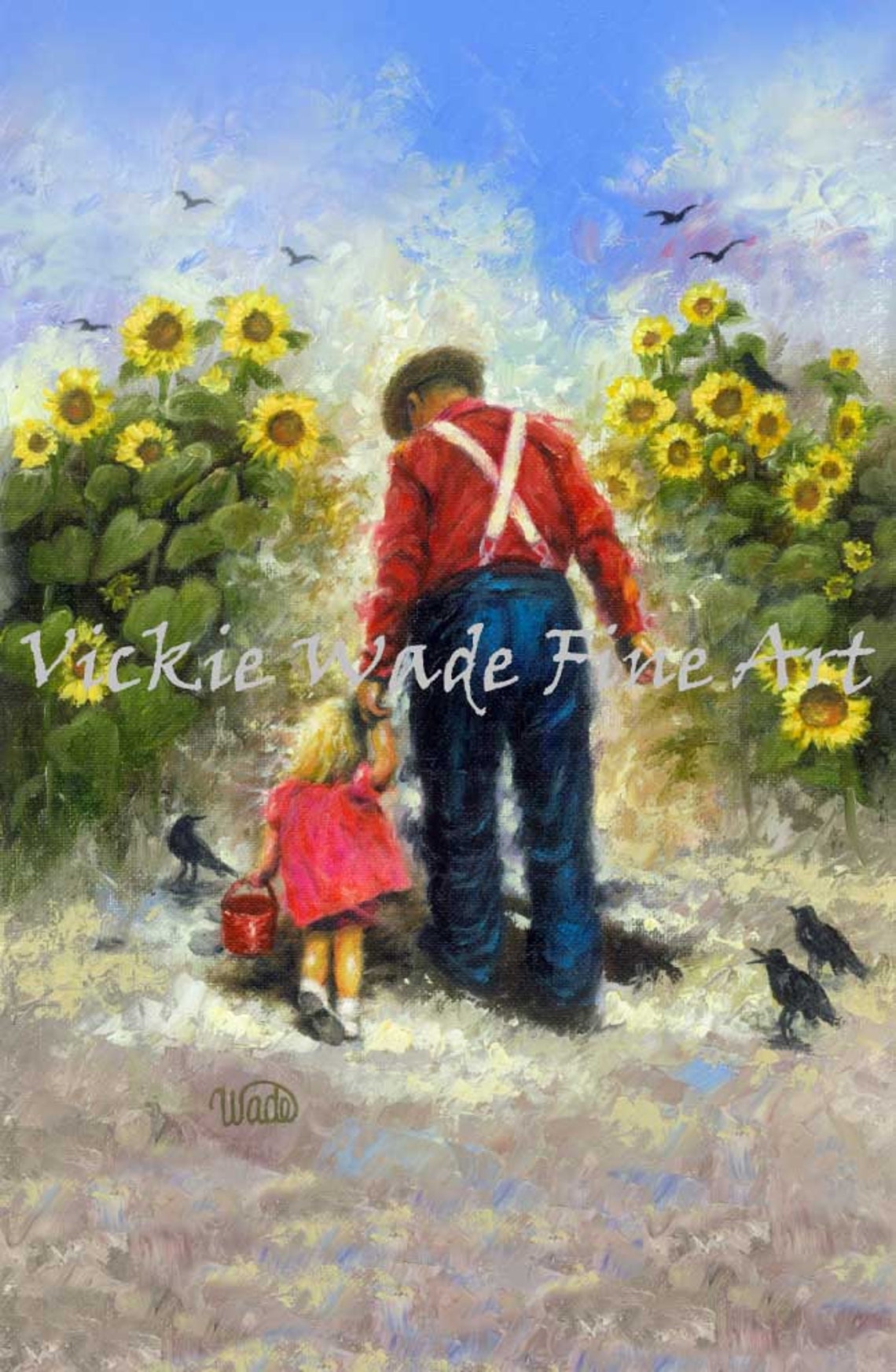 Sunflower Art Print Grandpa Granddaughter Father Daughter Blond Girl Dad Farmer Crows Sunflower Paintings Vickie Wade Art