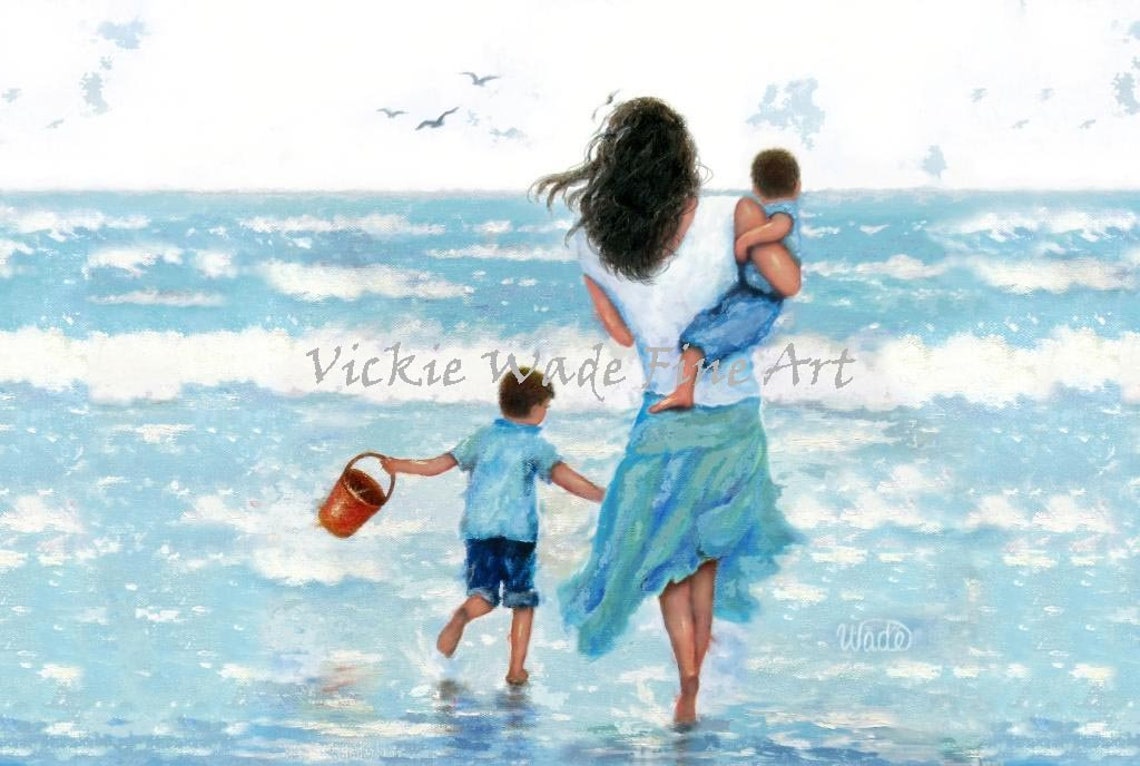 Mother With Two Sons Walking Into The Ocean Waves Together Poster