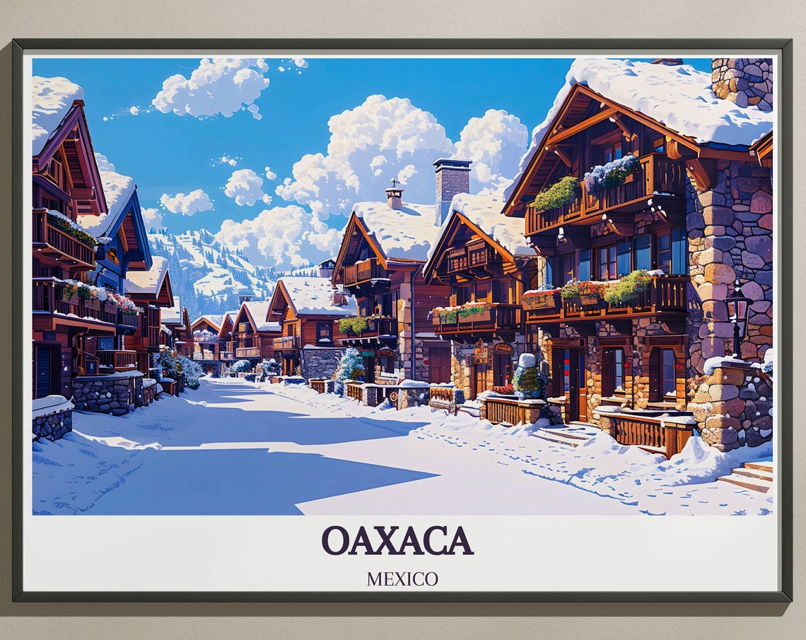 Oaxaca Mexico Snowy Alpine Street Scene Winter Travel Poster