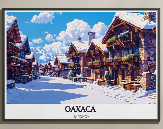 Oaxaca Mexico Snowy Alpine Street Scene Winter Travel Poster