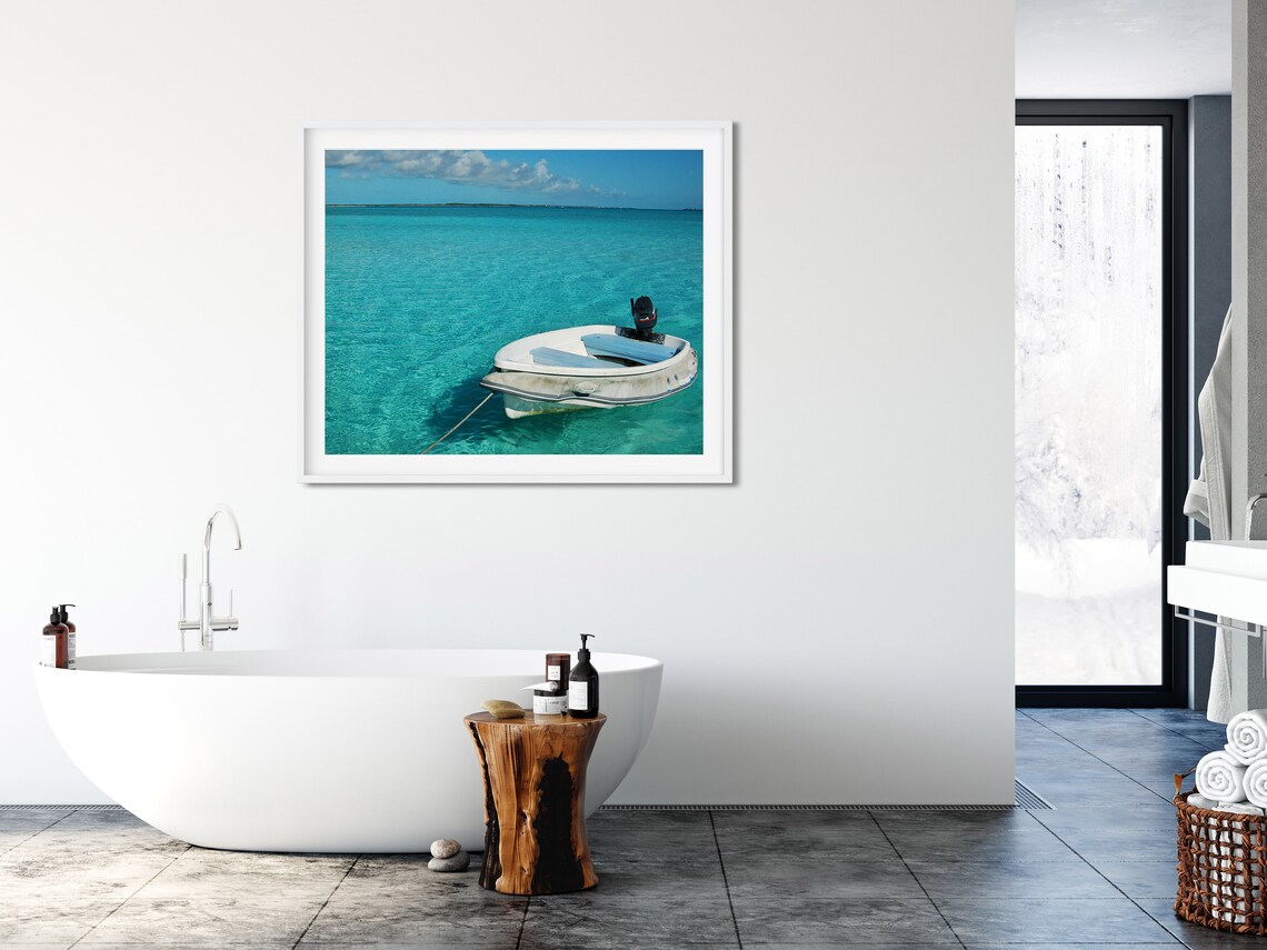 White Dinghy Anchored on Crystal Clear Turquoise Water Poster - Image 3