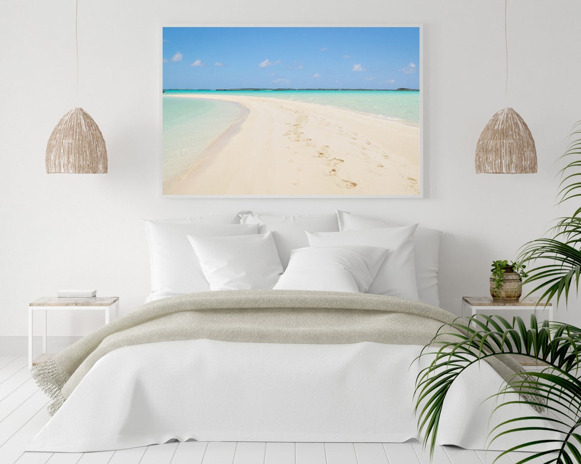 Empty Sandy Shoreline Curving to Turquoise Sea Footprints Poster - Image 3
