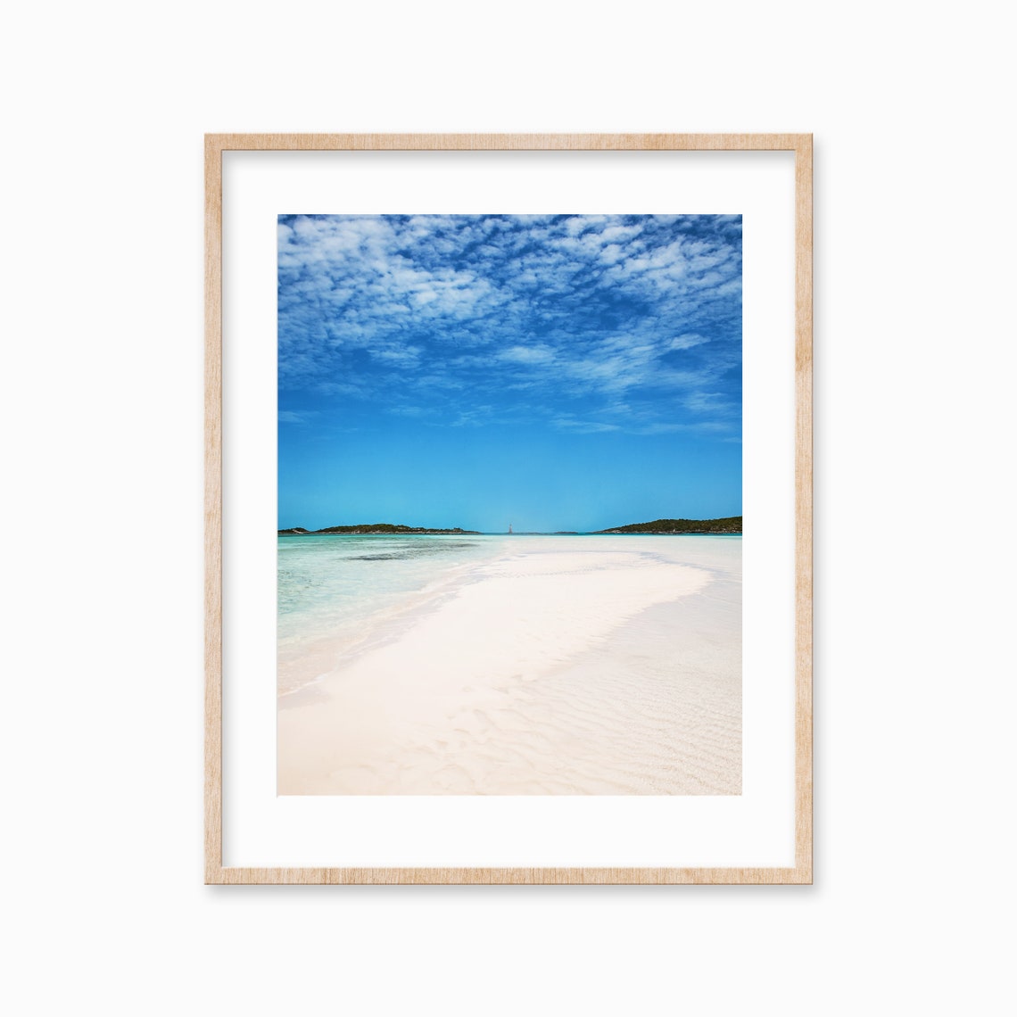 Long White Sandbar Between Turquoise Waters Under a Cloudy Sky Poster