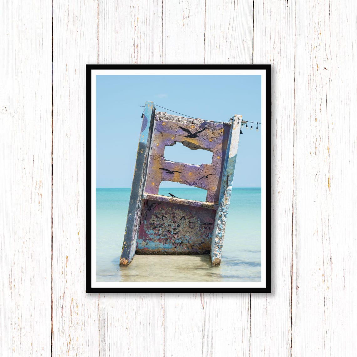 Weathered Painted Pier Ruin Bird Murals Turquoise Ocean Photo Poster - Image 2