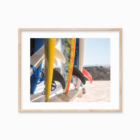 Colorful Surfboards on Beach Rack Fins Close Up Surf Shop Photography Poster