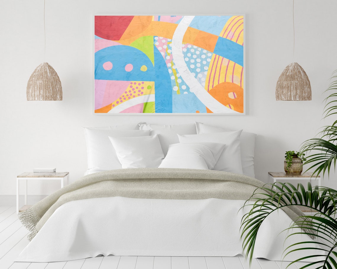 Blue Pink Orange Abstract Mural with Polka Dots Stripes Poster - Image 2