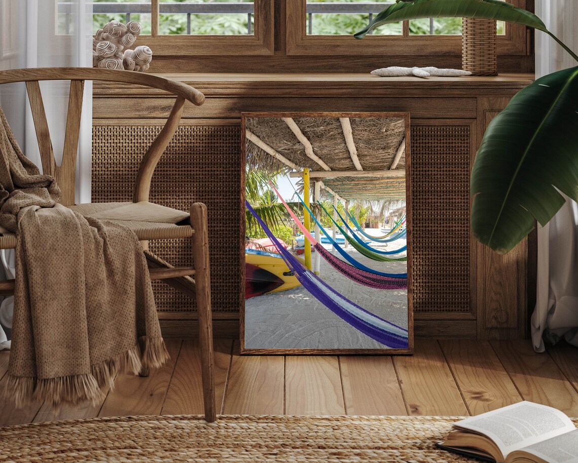 Colorful Hammocks Under Thatch Roof on Tropical Beach Photography Poster - Image 3