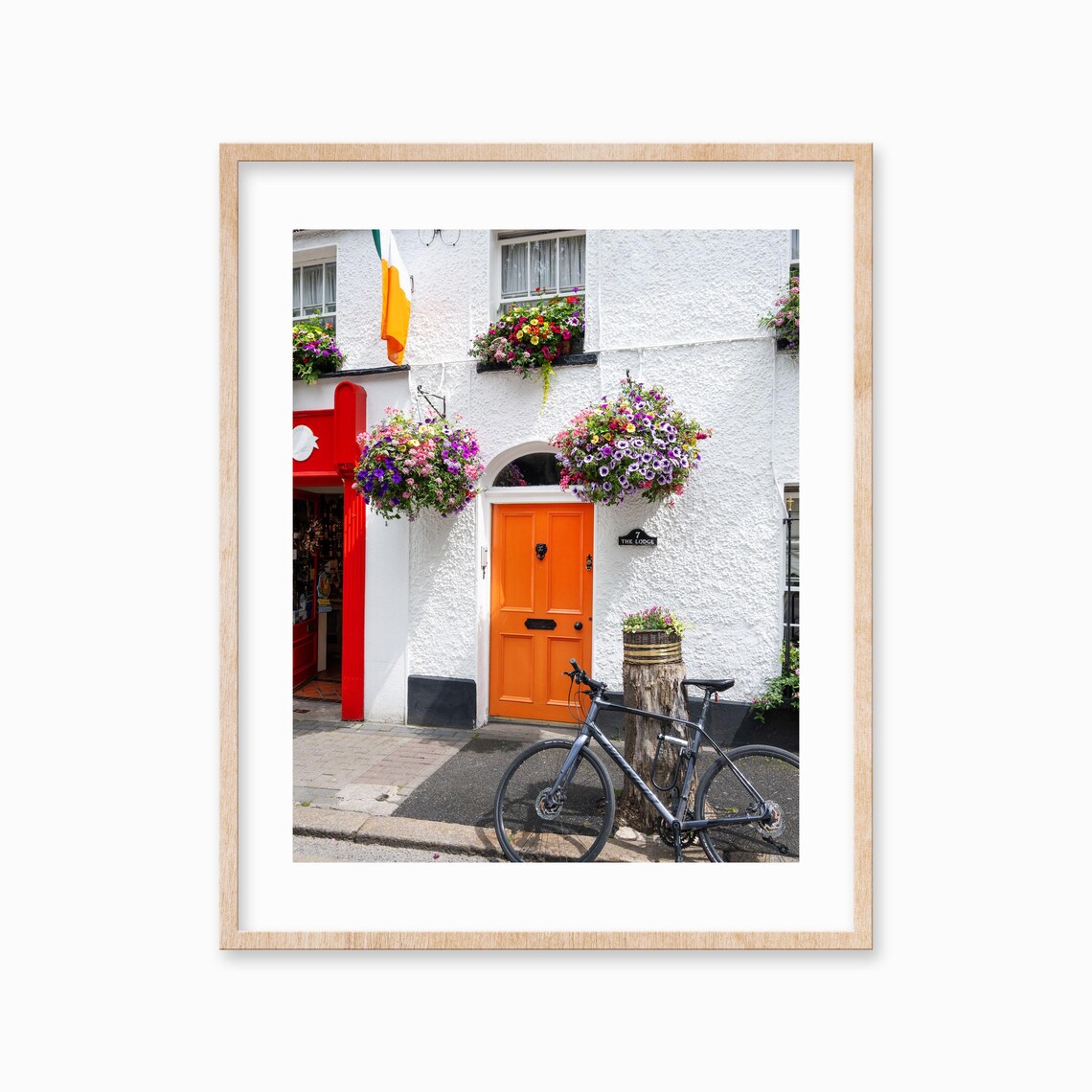 Orange Door Ireland Cottage Flower Baskets Bicycle Photography Poster