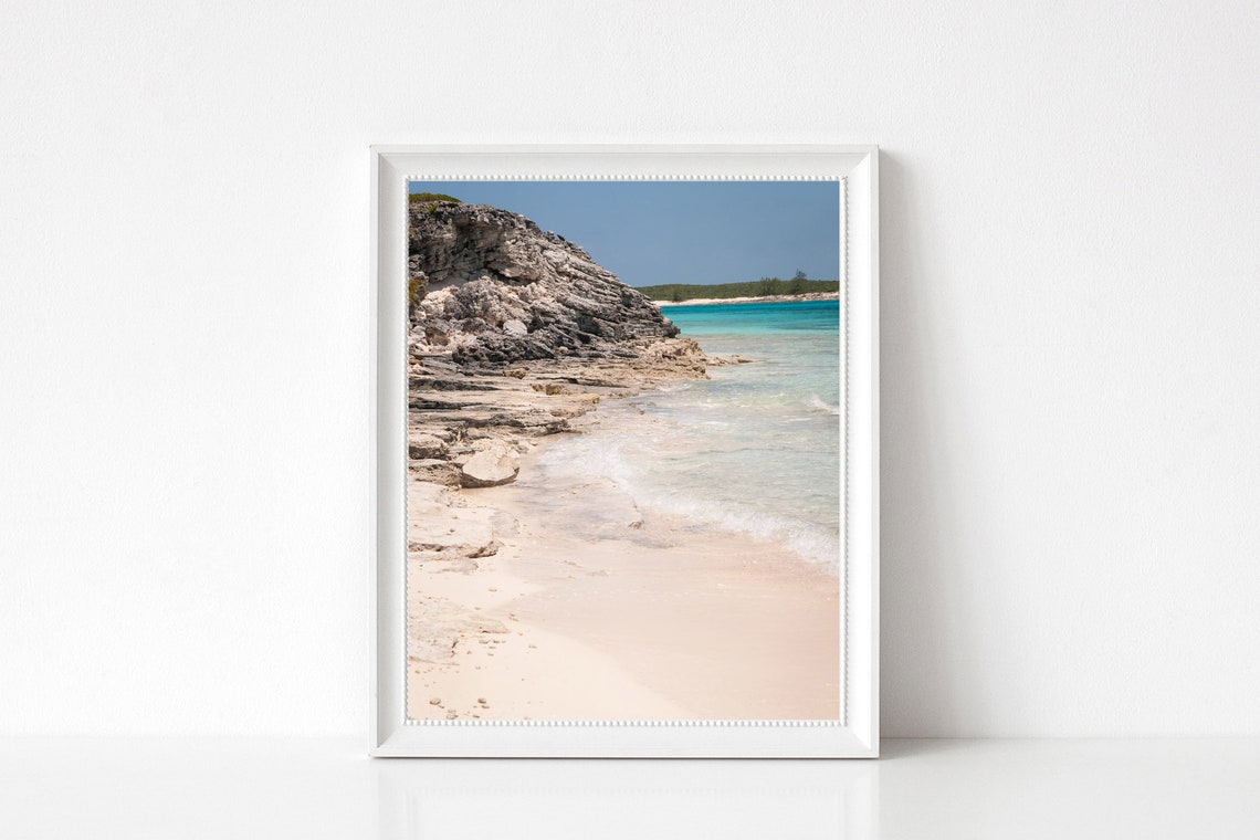 Rocky Shoreline Turquoise Water White Sand Beach Coast Photo Poster - Image 3