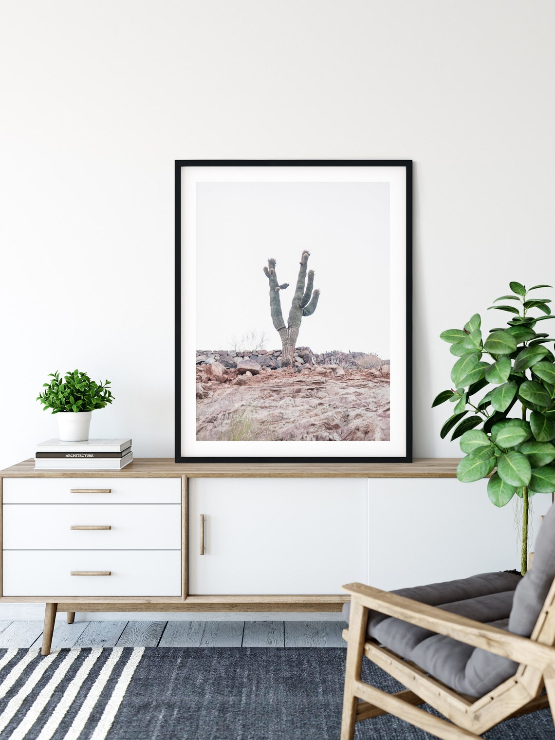 Lone Saguaro Cactus on Minimalist Rocky Desert Hill Scene Poster - Image 2