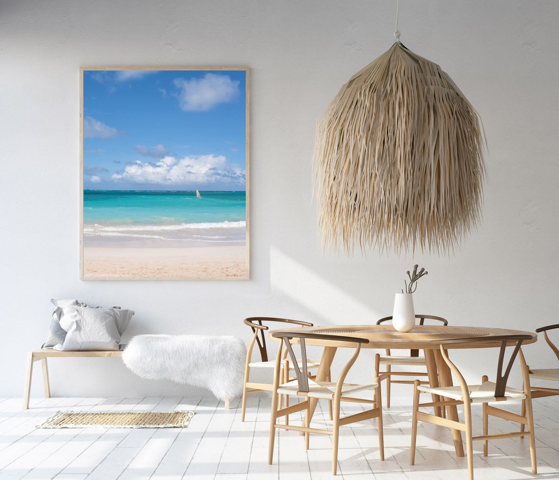 Bright Blue Sky with Clouds Over a Turquoise Tropical Beach Poster - Image 3