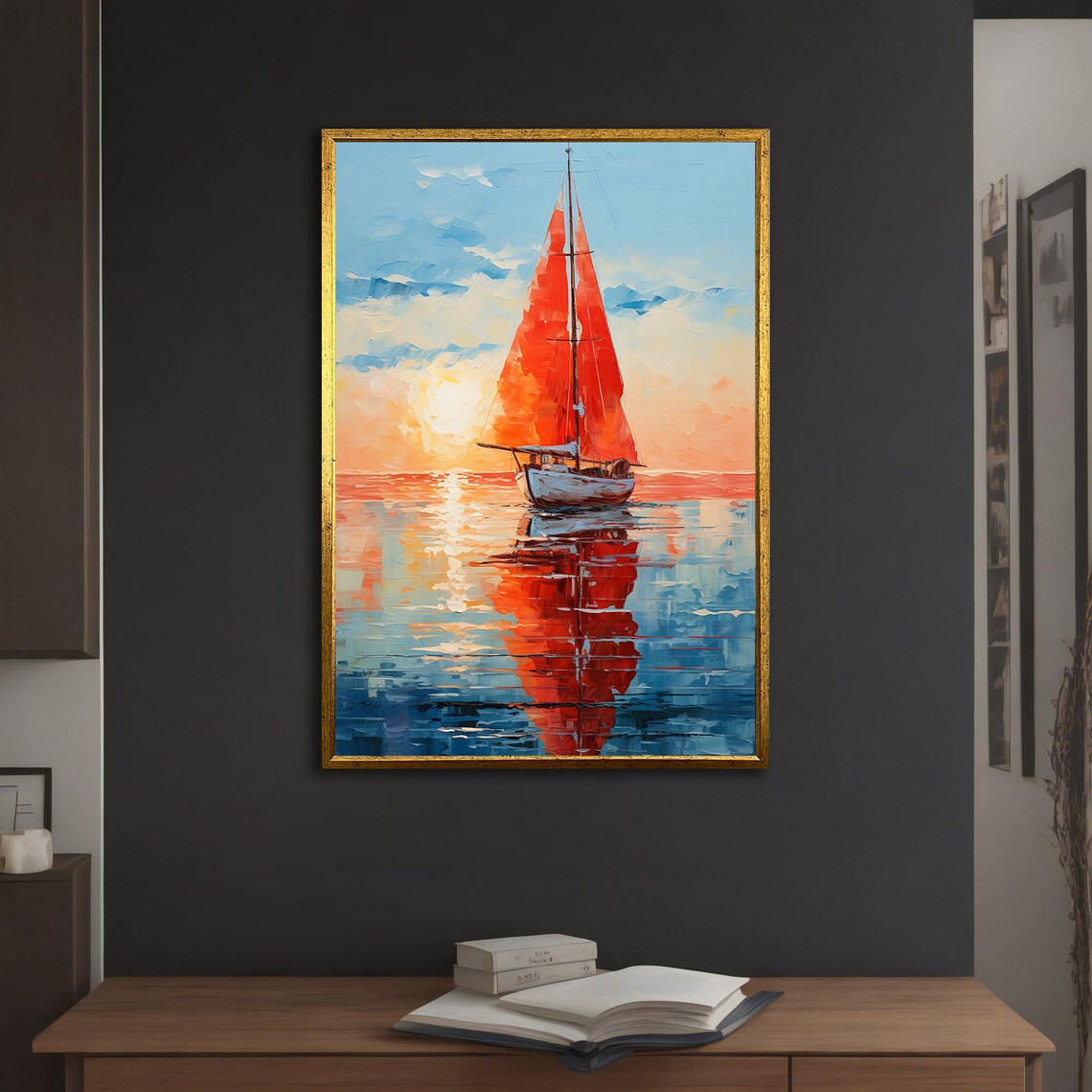 Red Sailboat Sunset Calm Sea Impasto Oil Painting Coastal Art Poster - Image 5
