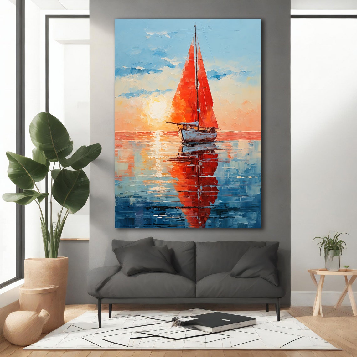Red Sailboat Sunset Calm Sea Impasto Oil Painting Coastal Art Poster - Image 3