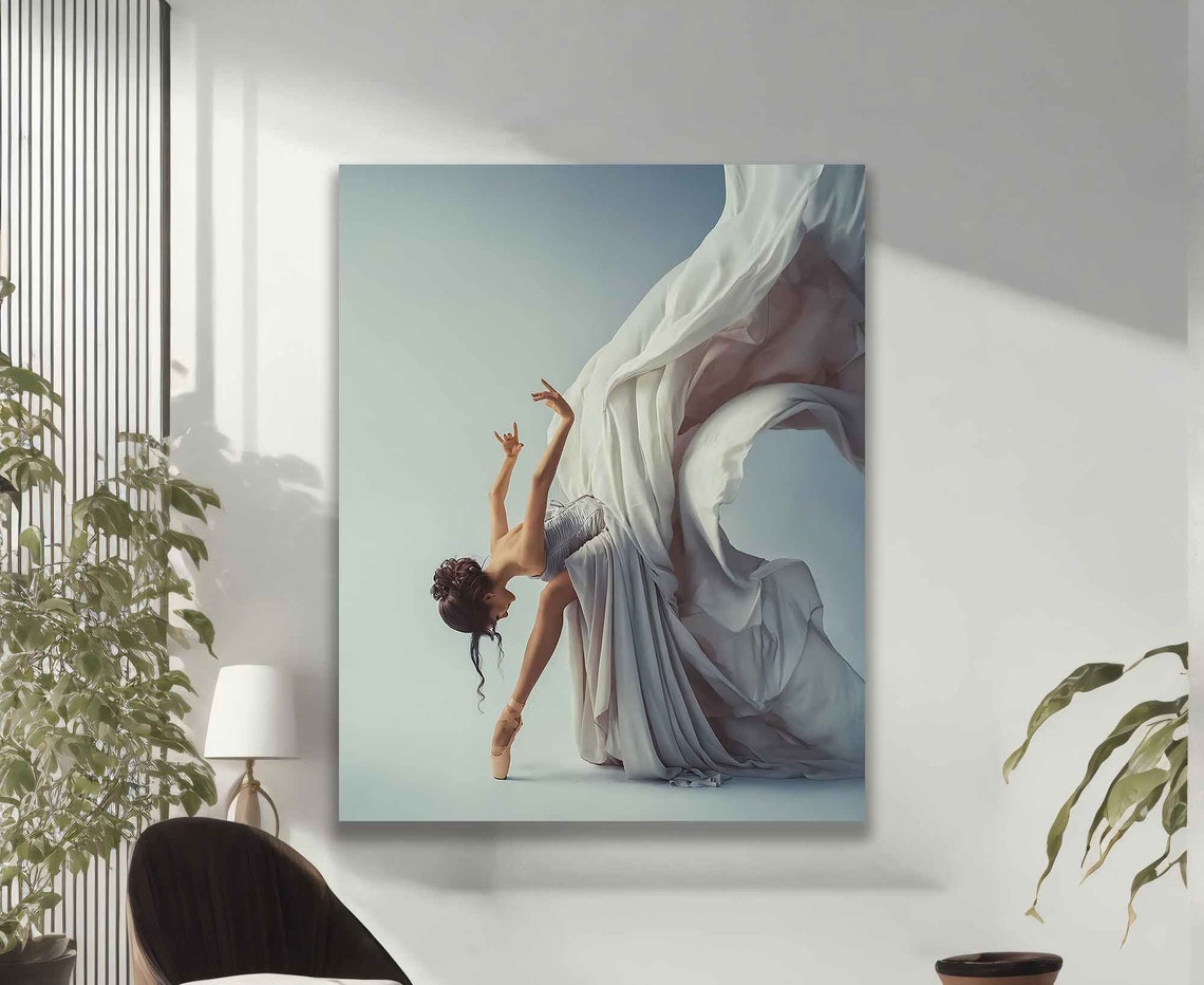 Ballerina en Pointe with Flowing White Fabric Dance Art Poster - Image 2