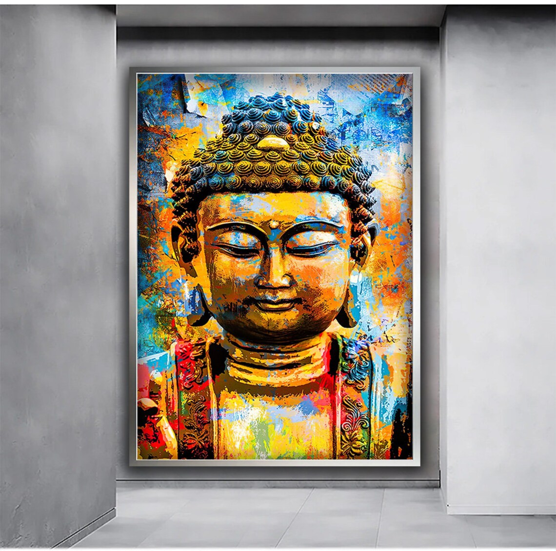 Colorful Buddha Portrait Golden Serene Face Spiritual Zen Meditation Poster