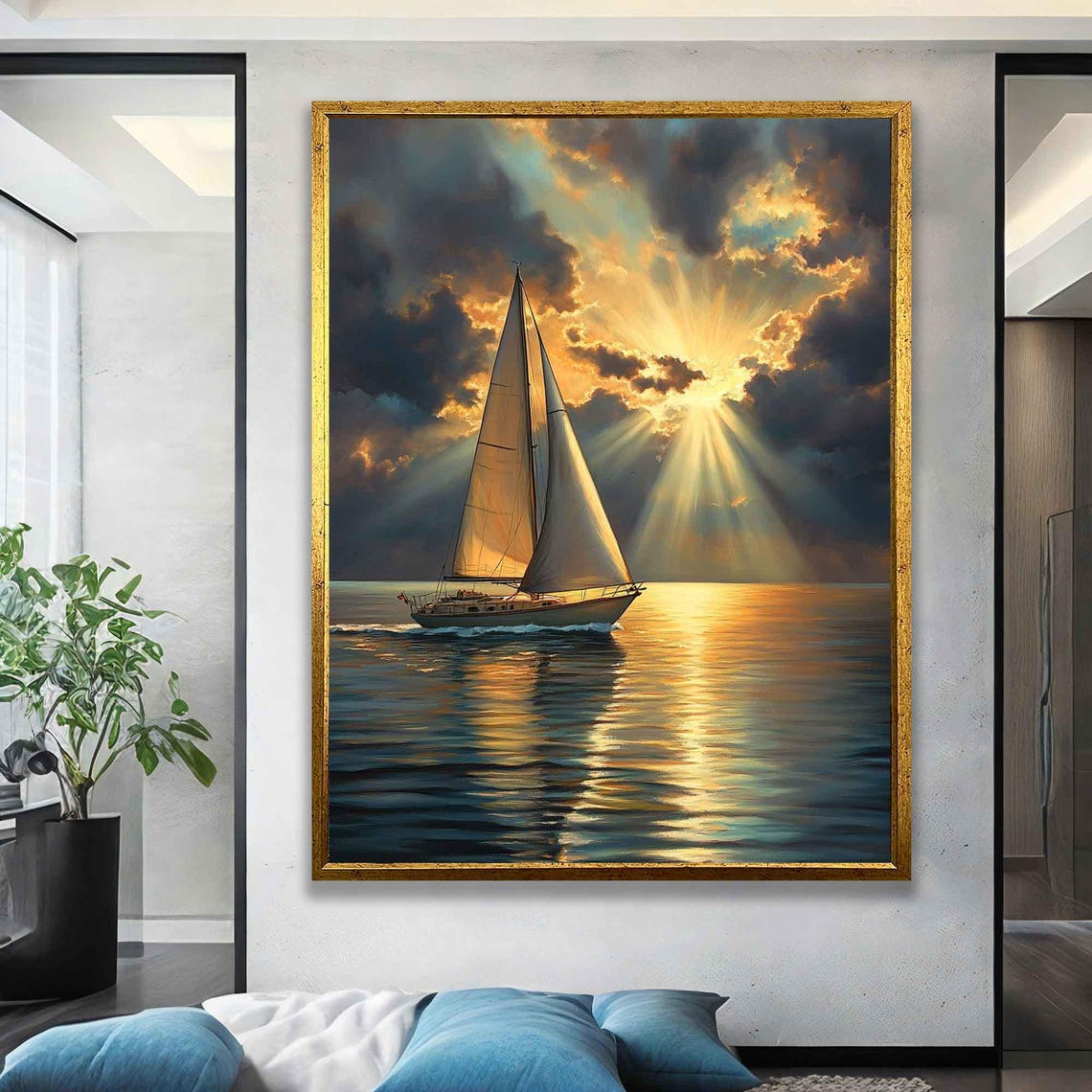 Sailboat Sailing Into Golden Sunrise Sunbeams Breaking Clouds Poster - Image 2