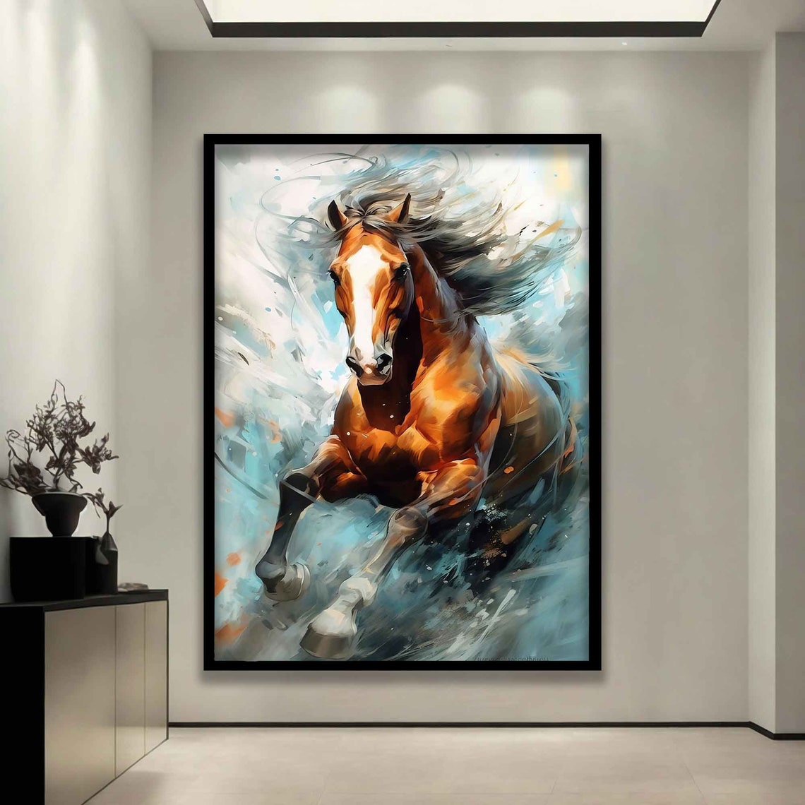 Running Chestnut Horse Flowing Mane Dynamic Splash Art Wall Poster